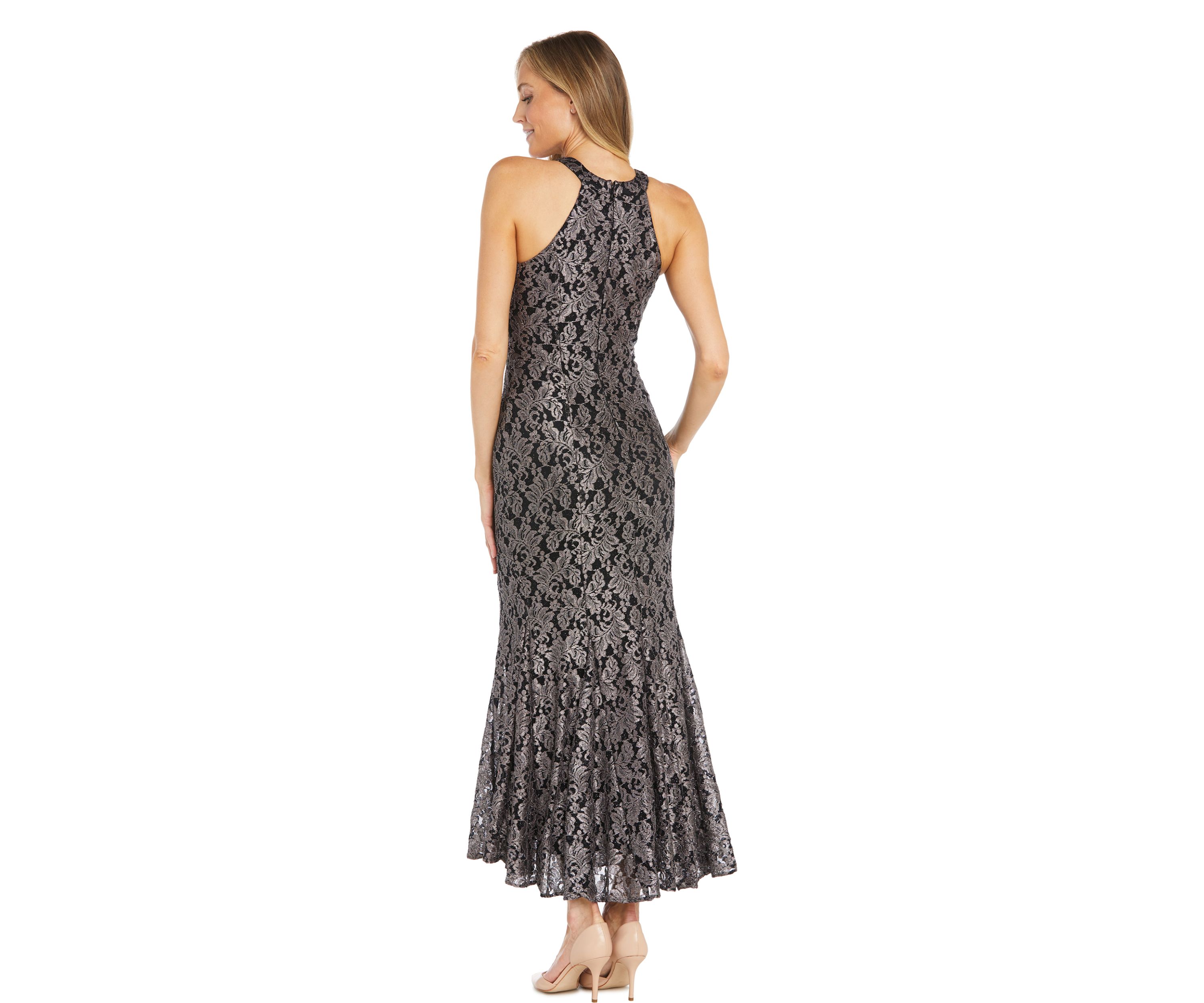 Womens Sleeveless Halter Neck Printed Glitter Lace Gown