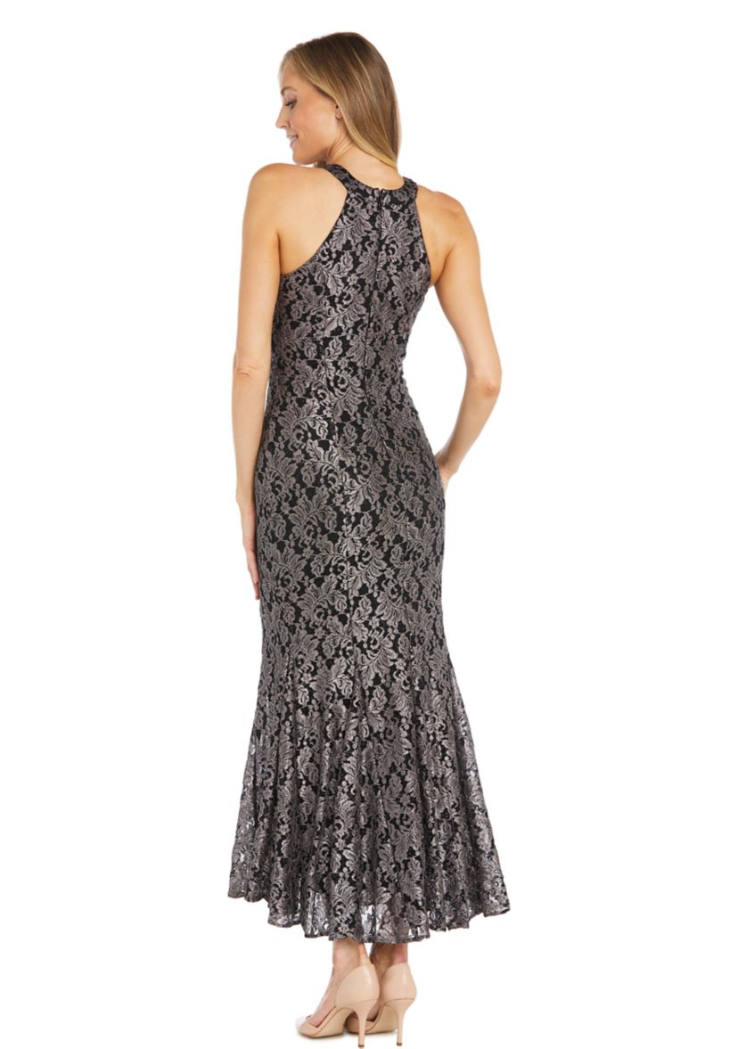 Womens Sleeveless Halter Neck Printed Glitter Lace Gown