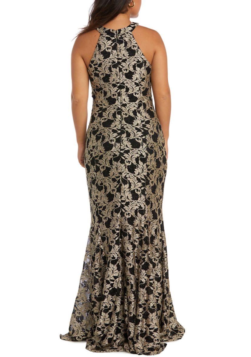 Womens Keyhole Neck Sleeveless Scalloped Lace Gown