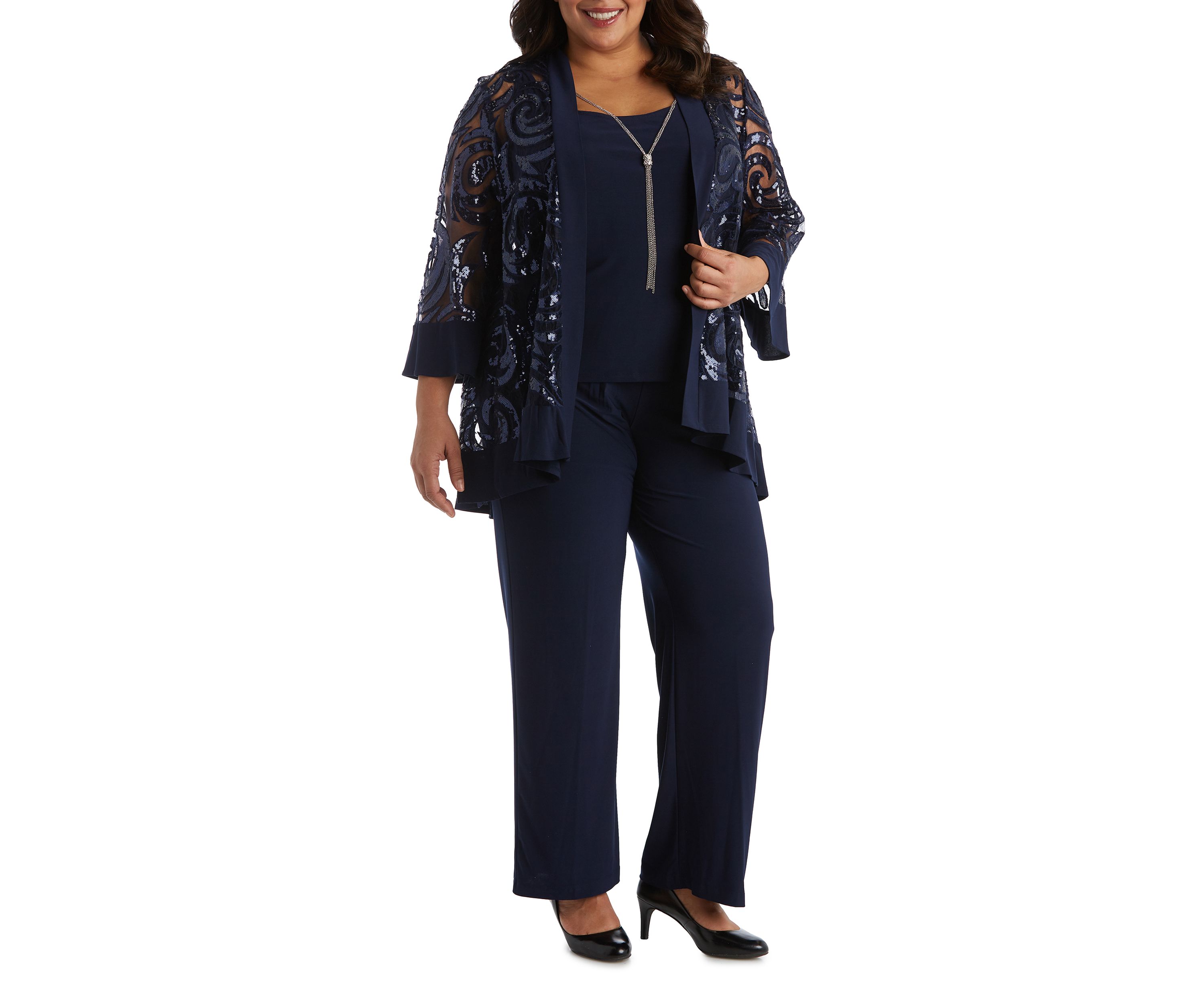 2 Pc Pant Set W  Sequin Swing Jacket Mock Tank Top