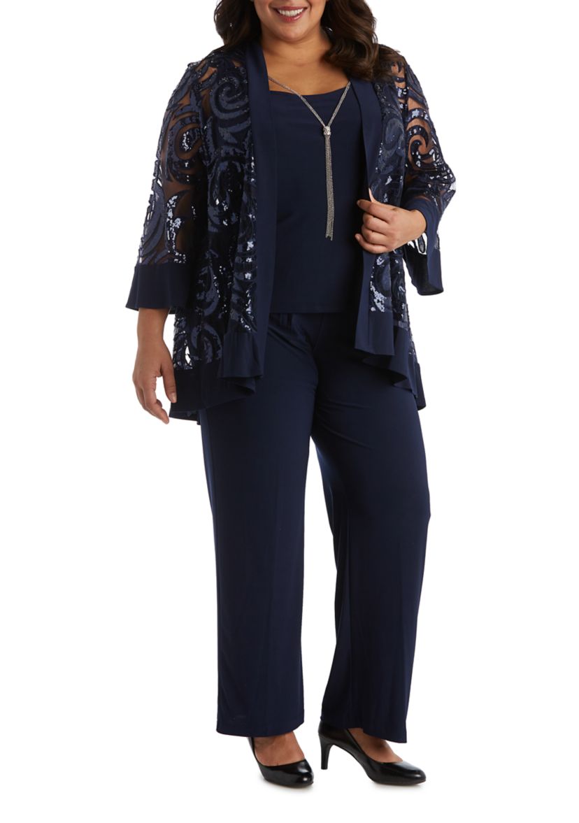 2 Pc Pant Set W  Sequin Swing Jacket Mock Tank Top