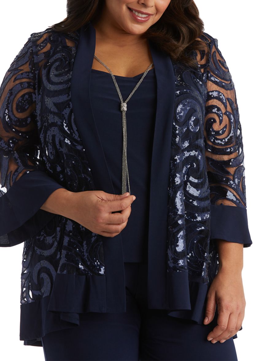 2 Pc Pant Set W  Sequin Swing Jacket Mock Tank Top