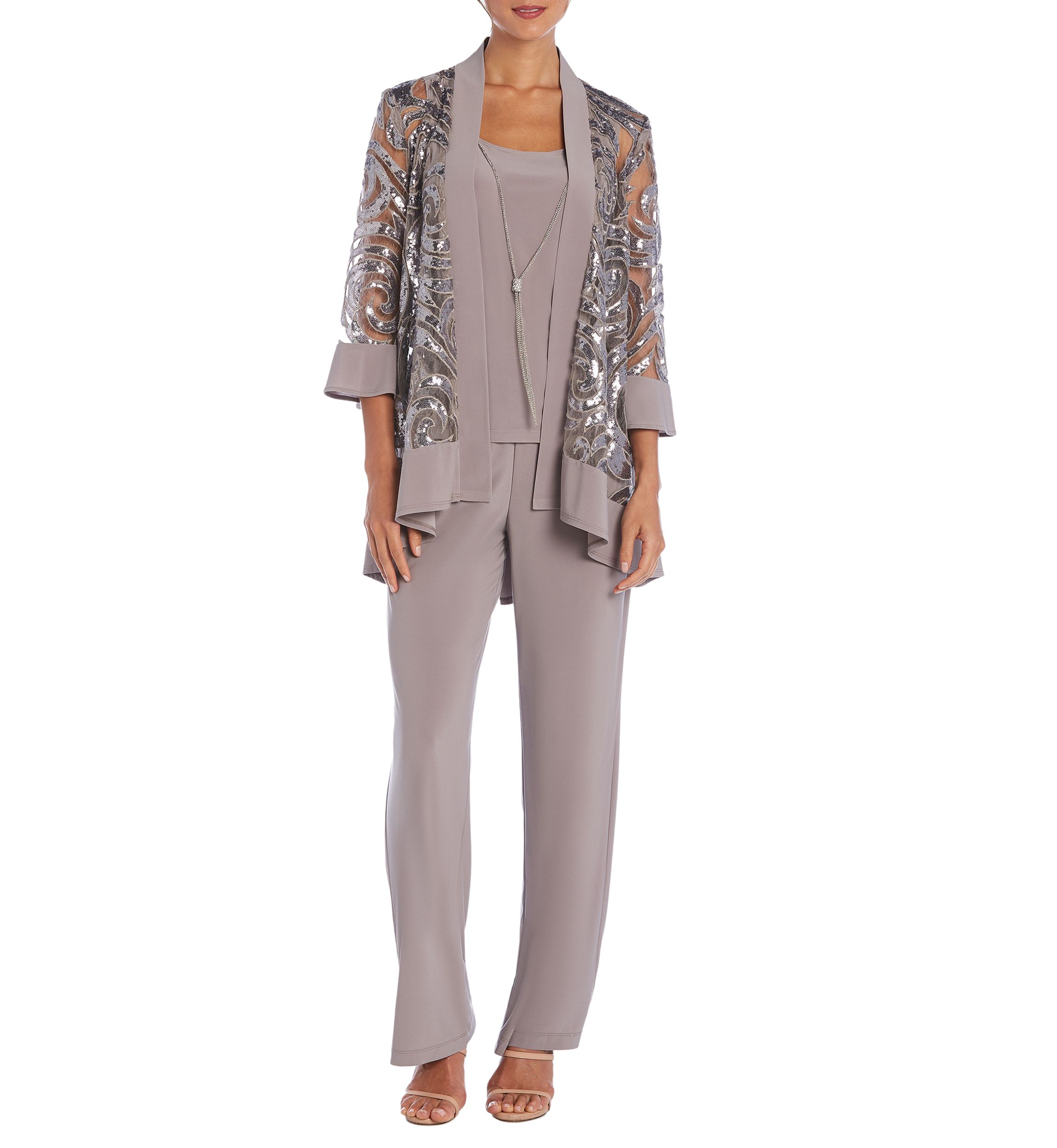 2 Pc Pant Set W  Sequin Swing Jacket Mock Tank Top