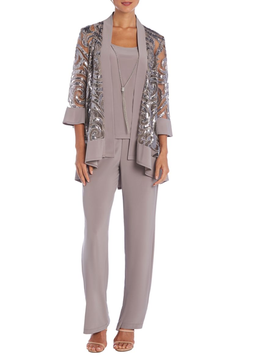 2 Pc Pant Set W  Sequin Swing Jacket Mock Tank Top