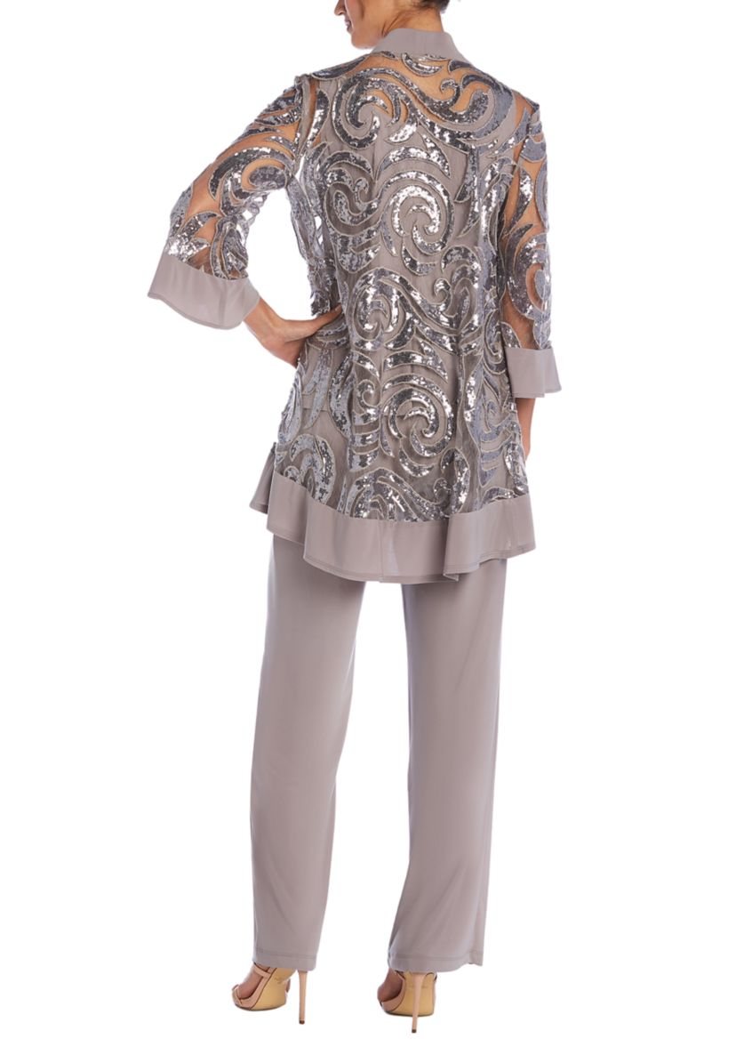 2 Pc Pant Set W  Sequin Swing Jacket Mock Tank Top