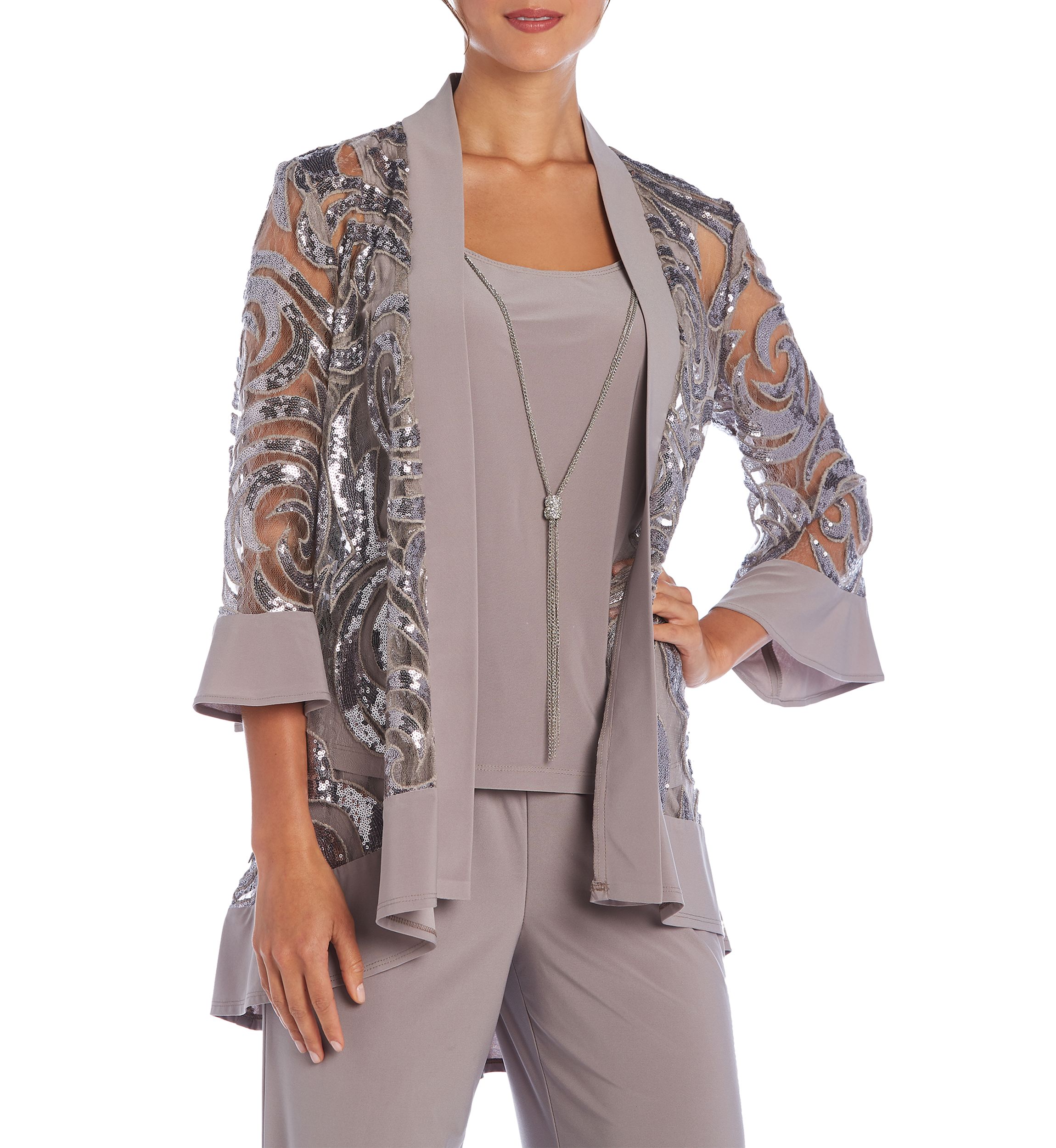 2 Pc Pant Set W  Sequin Swing Jacket Mock Tank Top