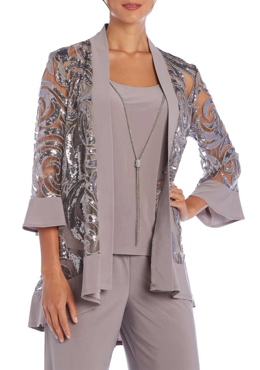 2 Pc Pant Set W  Sequin Swing Jacket Mock Tank Top