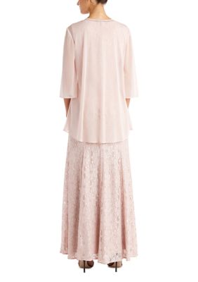 Petite Long Flyaway Sheer Jacket Over Lace A-Line Dress with Beaded Neckline