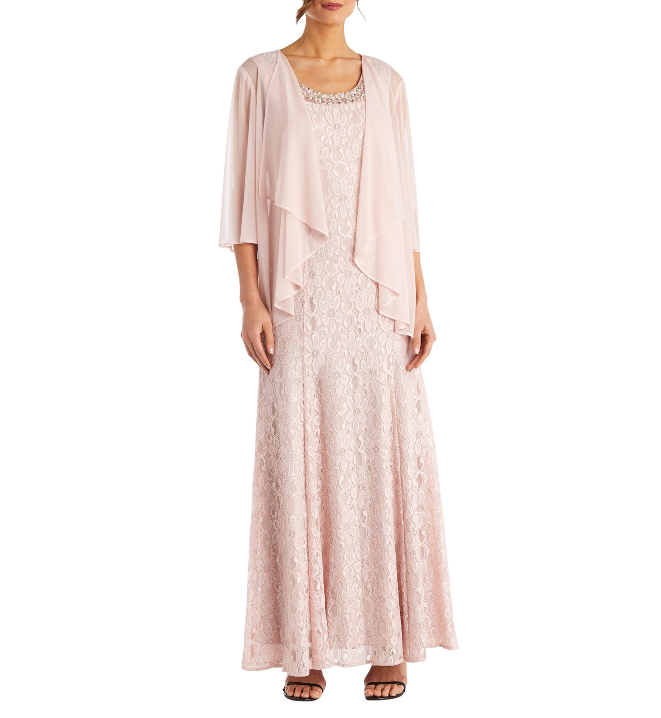 2Pc Long Flyaway Sheer Jacket Over Lace Aline Dress With Beaded Neckline