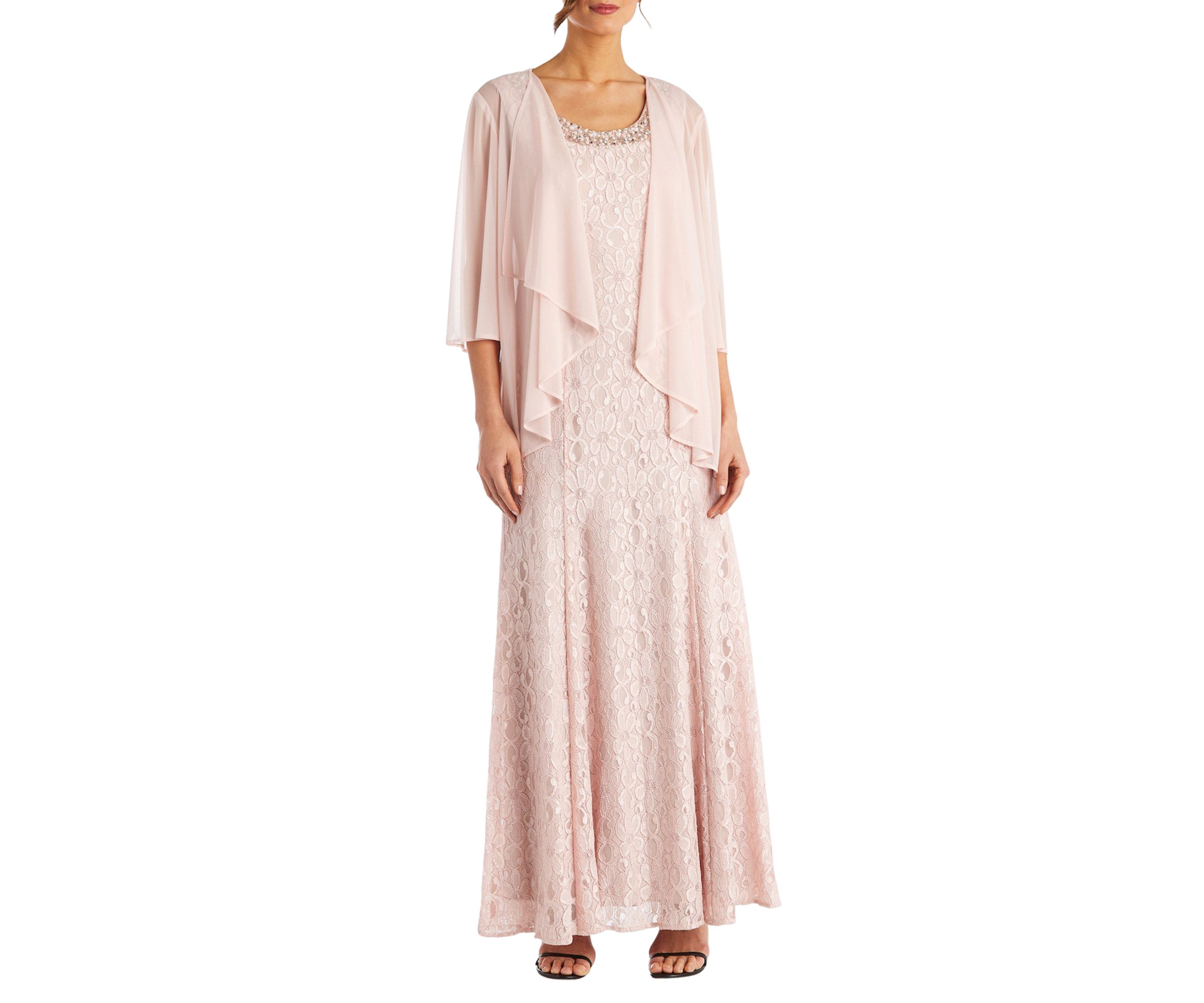 2Pc Long Flyaway Sheer Jacket Over Lace Aline Dress With Beaded Neckline