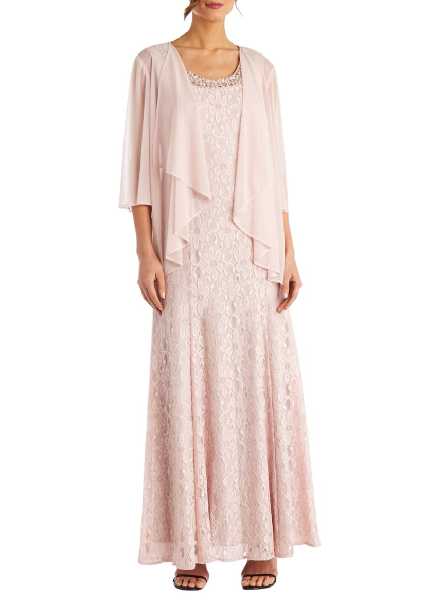 2Pc Long Flyaway Sheer Jacket Over Lace Aline Dress With Beaded Neckline