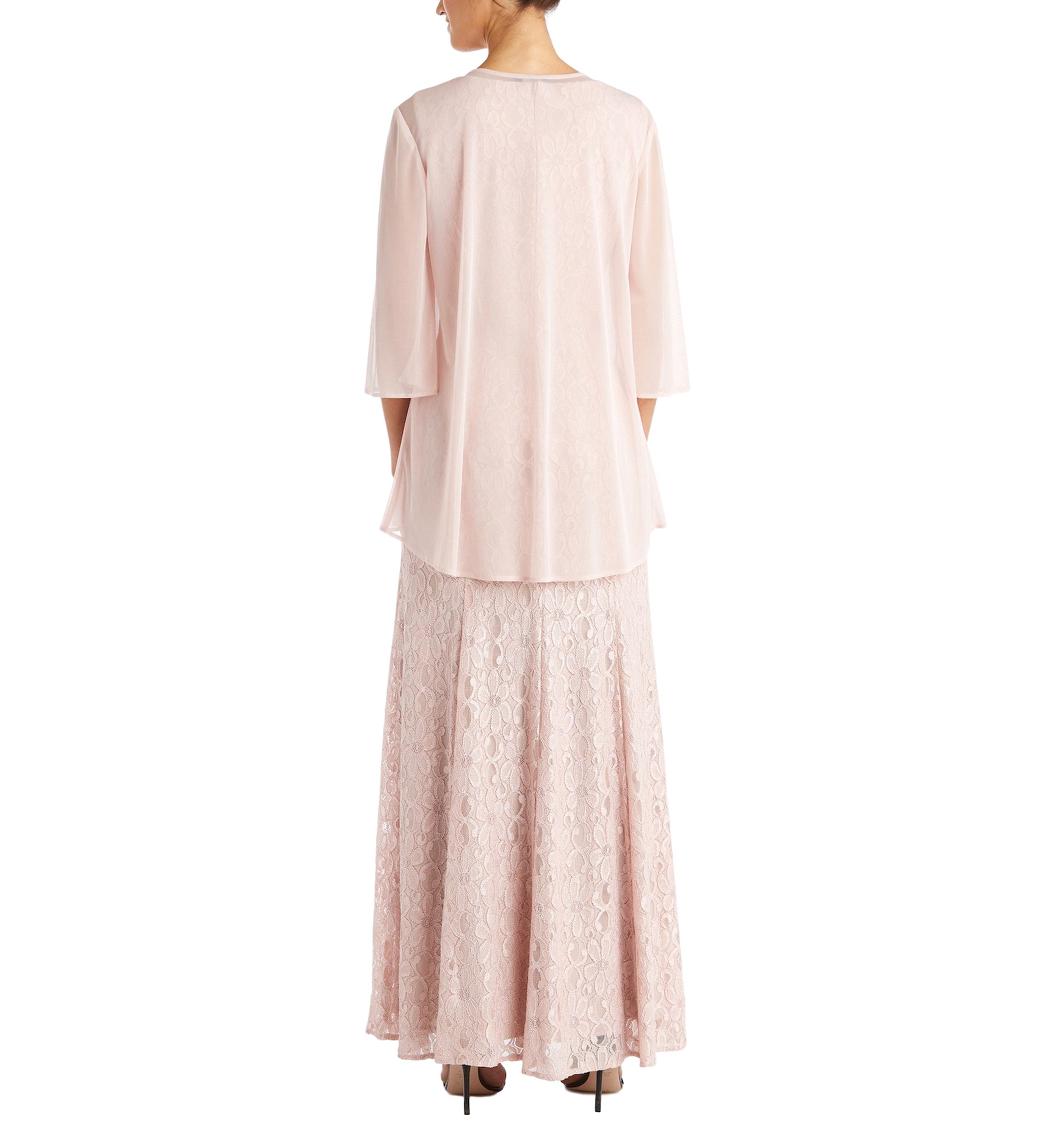2Pc Long Flyaway Sheer Jacket Over Lace Aline Dress With Beaded Neckline