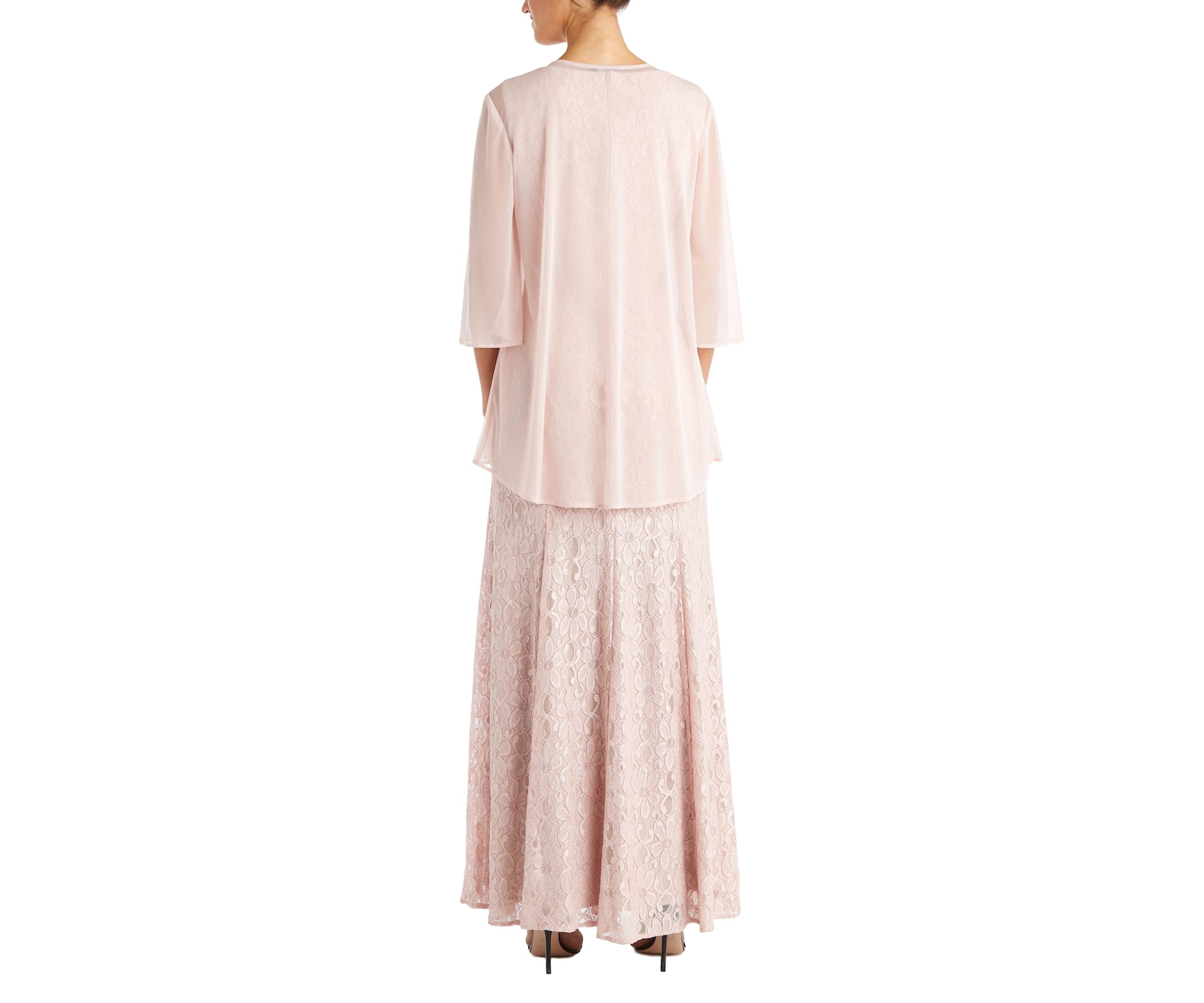 2Pc Long Flyaway Sheer Jacket Over Lace Aline Dress With Beaded Neckline