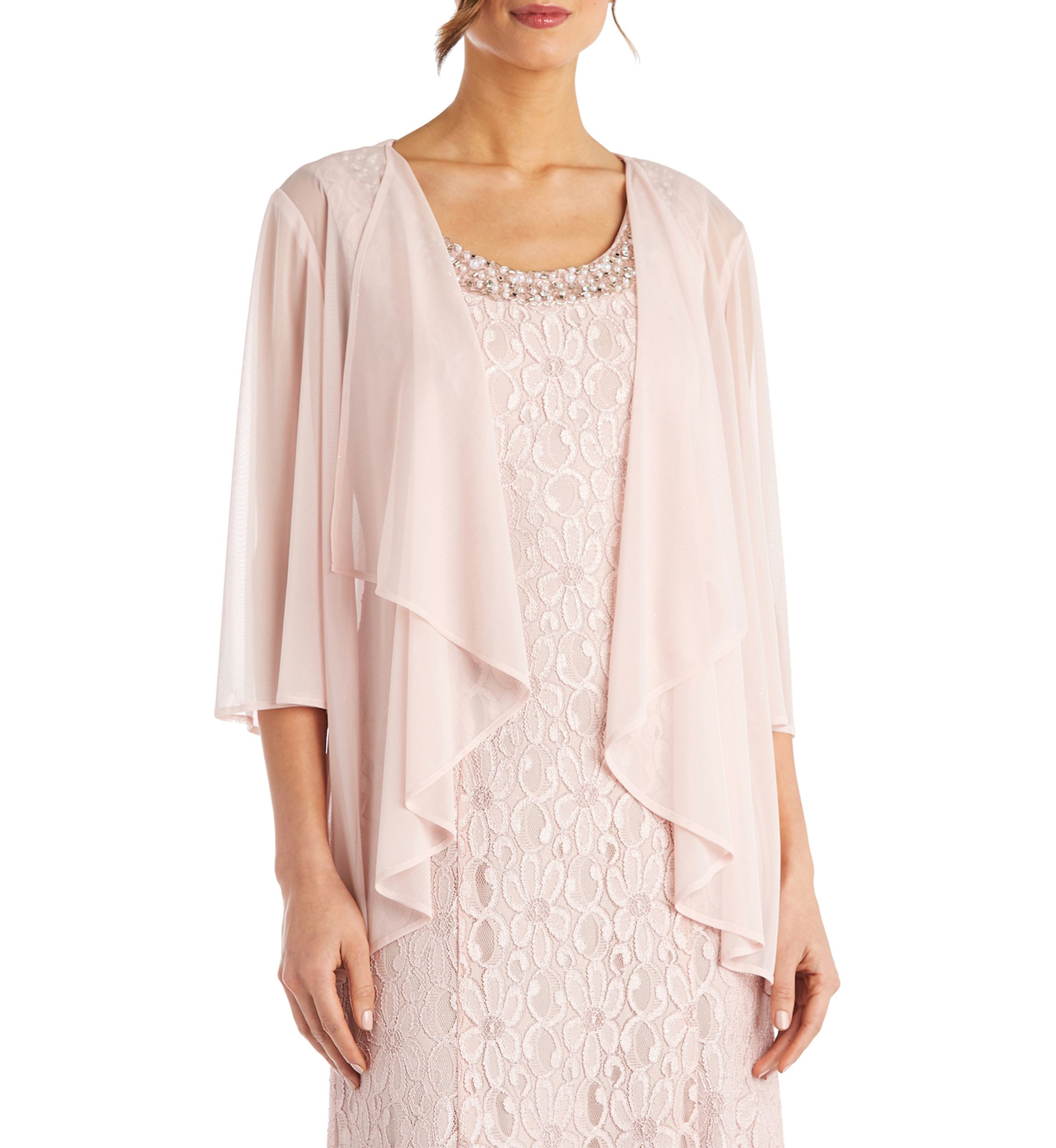 2Pc Long Flyaway Sheer Jacket Over Lace Aline Dress With Beaded Neckline