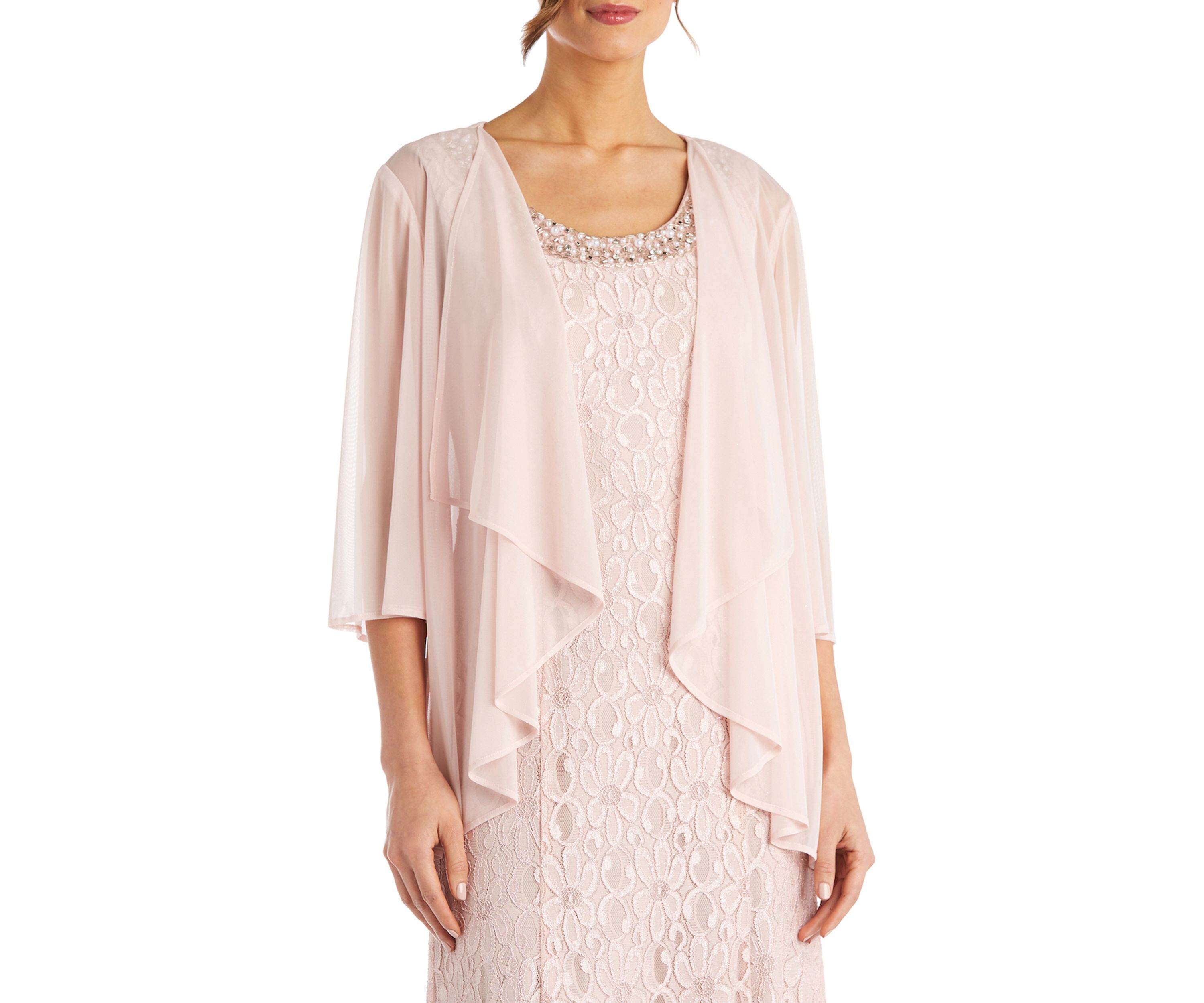2Pc Long Flyaway Sheer Jacket Over Lace Aline Dress With Beaded Neckline