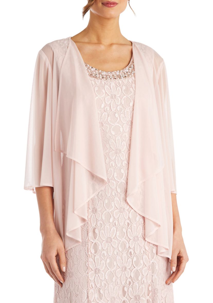 2Pc Long Flyaway Sheer Jacket Over Lace Aline Dress With Beaded Neckline