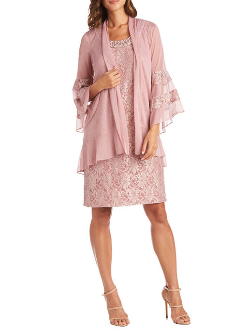 2 Piece Bell Sleeve Jacket Dress Over Lace and Beaded Shift Dress