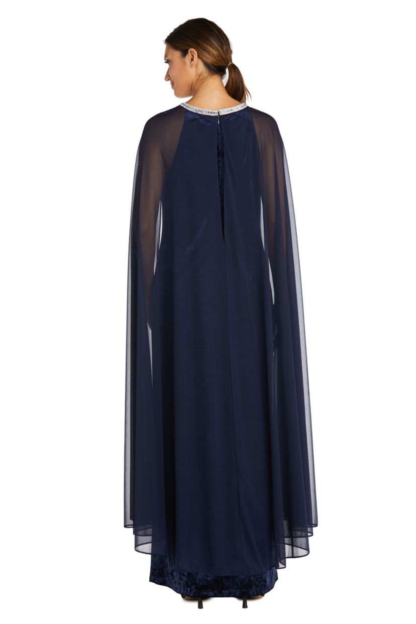 1Pc Long Sheath Dress With Rhinestone Neck And Chiffon Cape