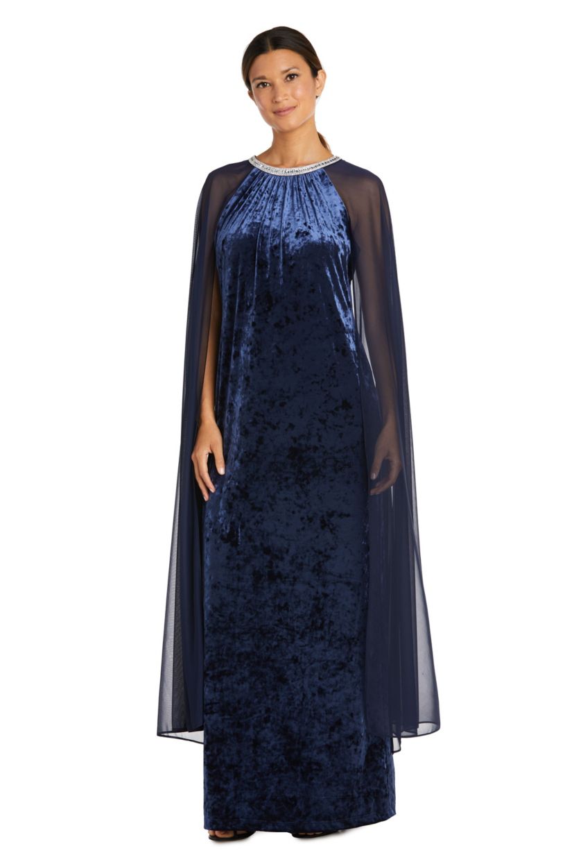 1Pc Long Sheath Dress With Rhinestone Neck And Chiffon Cape