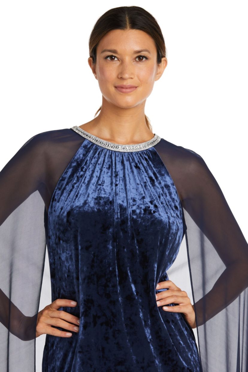 1Pc Long Sheath Dress With Rhinestone Neck And Chiffon Cape