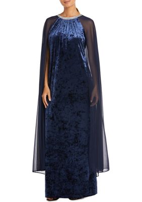 Women's Rhinestone Neck Long Sheath Dress and Chiffon Cape