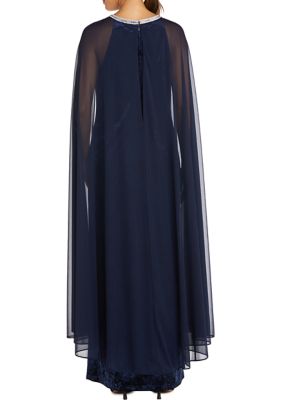 Women's Rhinestone Neck Long Sheath Dress and Chiffon Cape