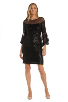1Pc Short Illusion Sequin Bodice And Bell Sleeve Dress