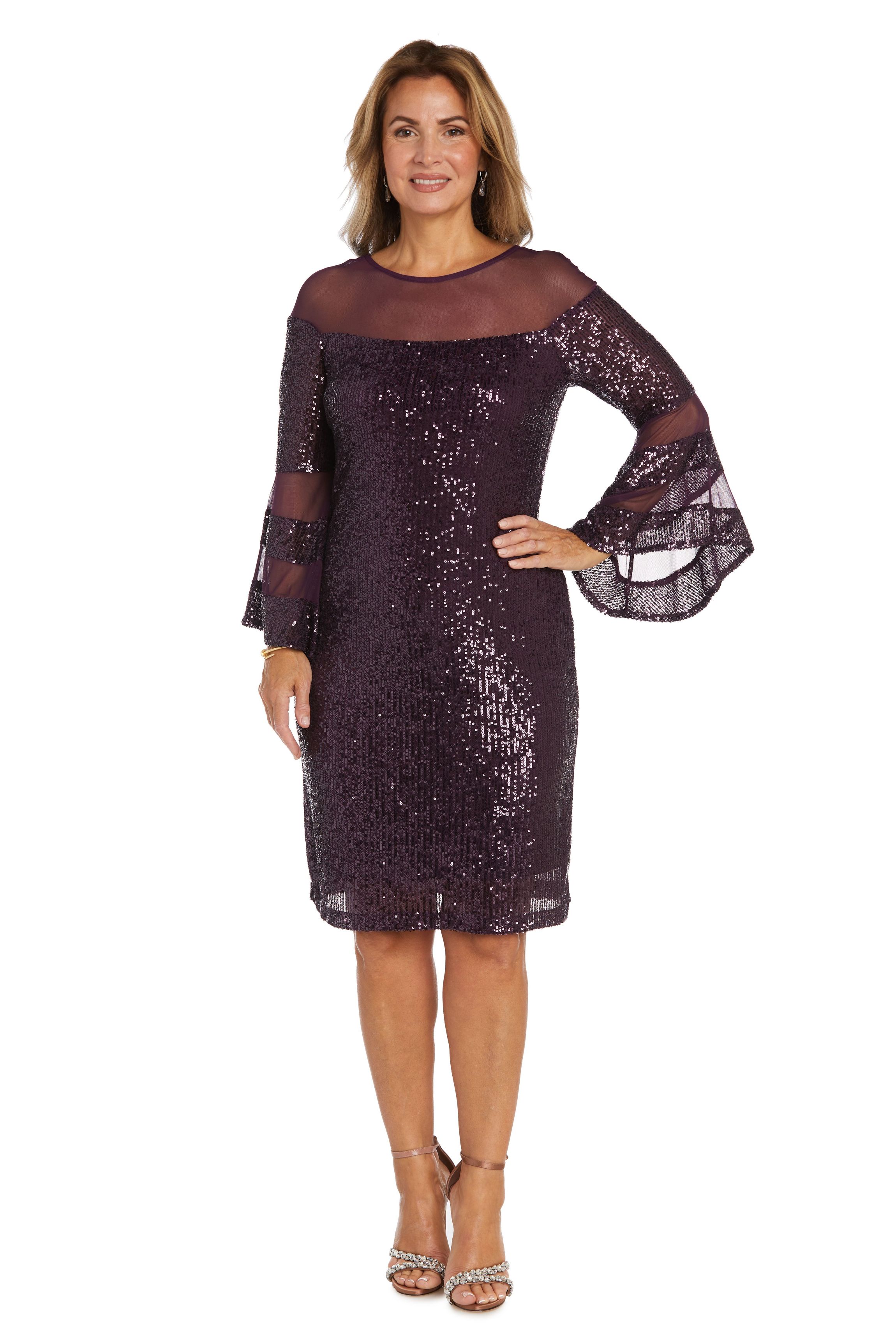 1Pc Short Illusion Sequin Bodice And Bell Sleeve Dress