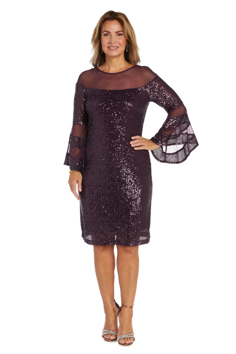 1Pc Short Illusion Sequin Bodice And Bell Sleeve Dress