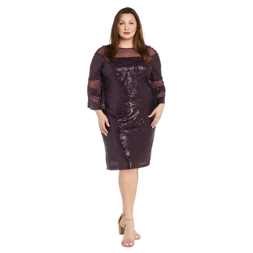 1Pc Short Illusion Sequin Bodice And Bell Sleeve Dress