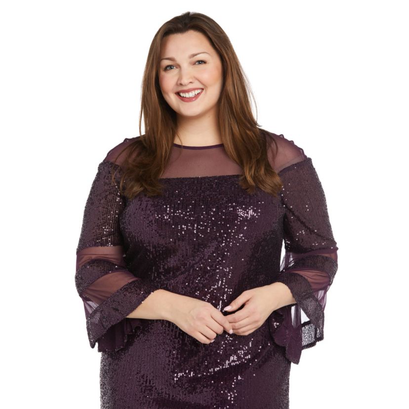 1Pc Short Illusion Sequin Bodice And Bell Sleeve Dress