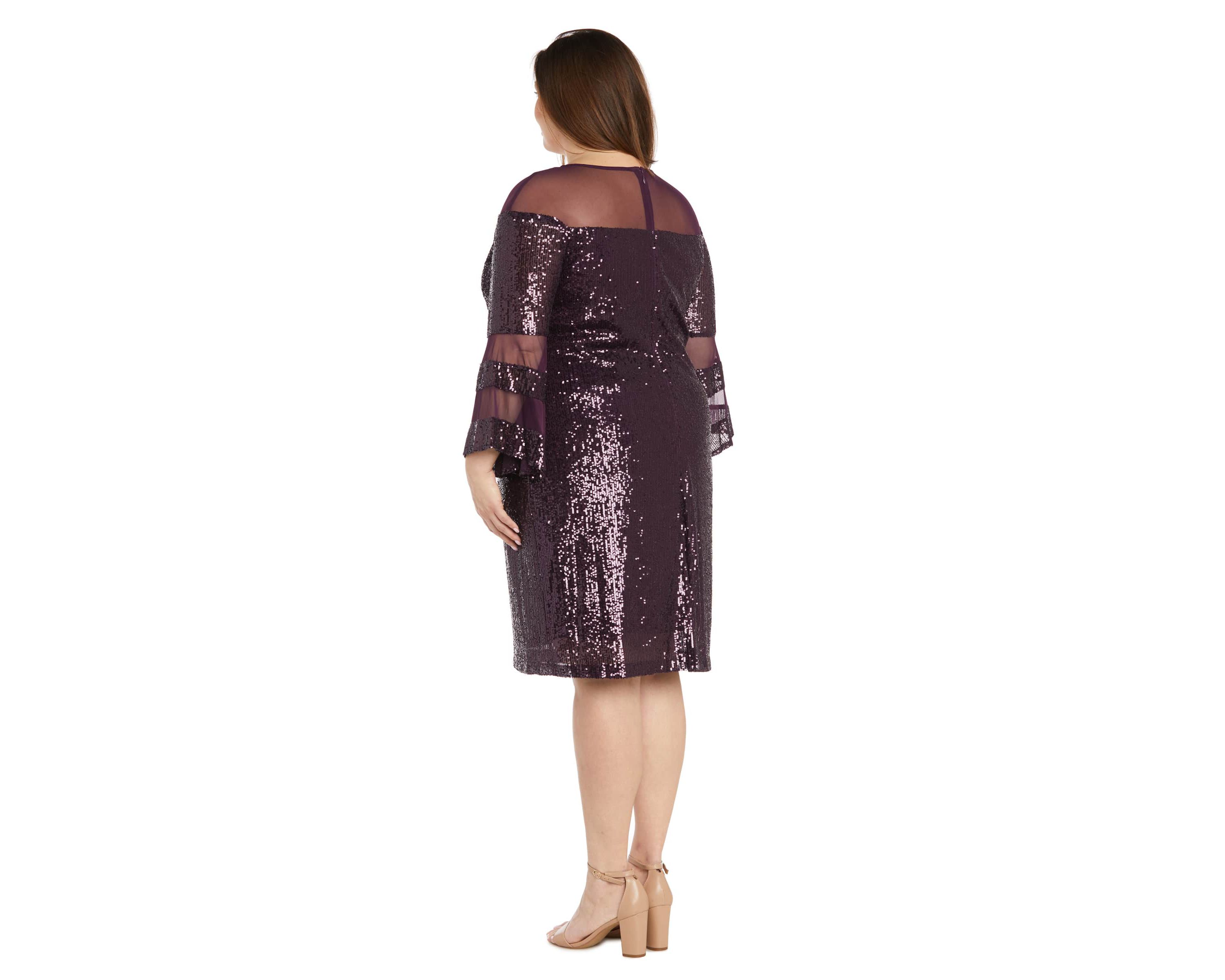 1Pc Short Illusion Sequin Bodice And Bell Sleeve Dress