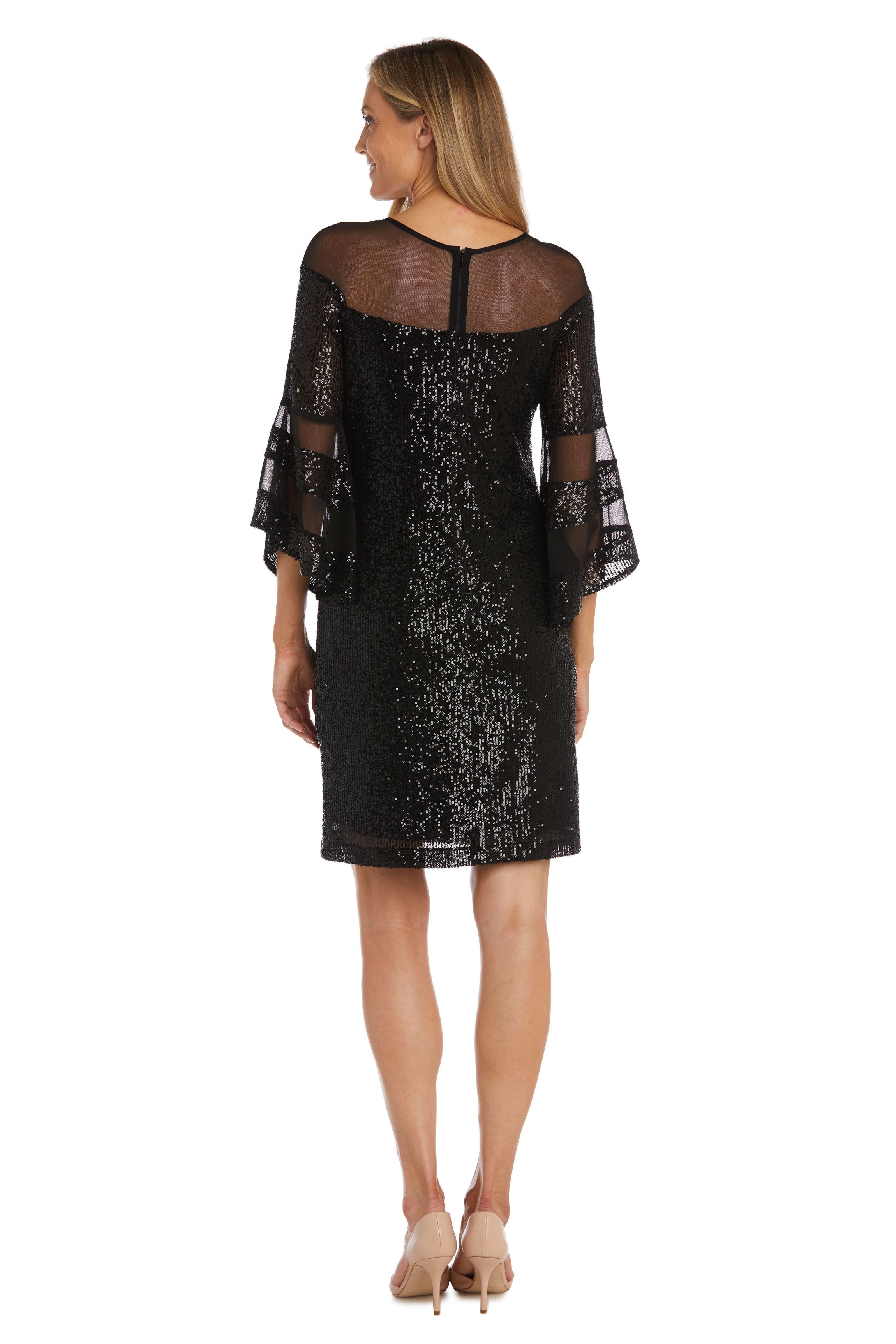 1Pc Short Illusion Sequin Bodice And Bell Sleeve Dress