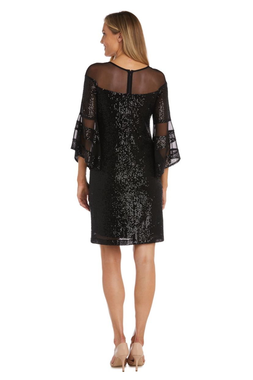 1Pc Short Illusion Sequin Bodice And Bell Sleeve Dress