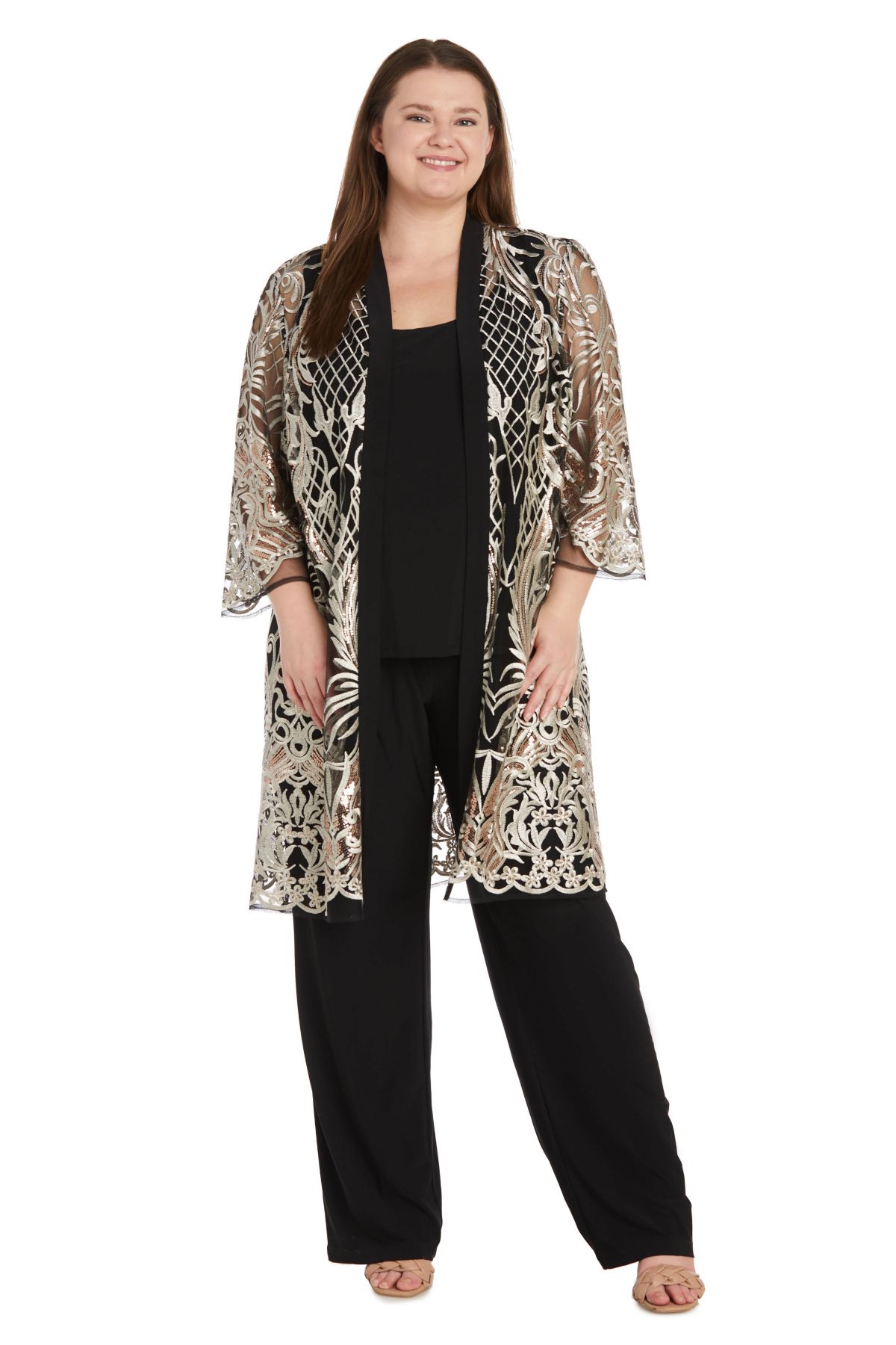 3Pc Emb Sequin Duster Jacket Over Ity Tank And Pant