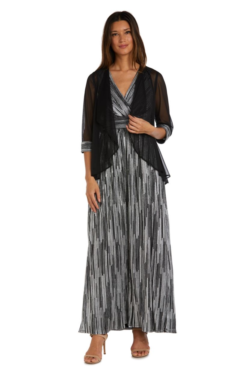 2Pc Cascade Front Jacket Over Surplice Bodice Long Dress With Full Skirt