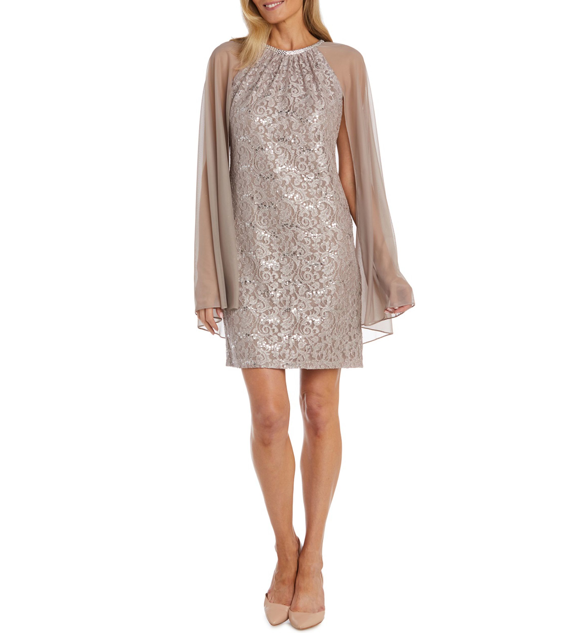 Womens Lace Sheath with Long Chiffon Capelet