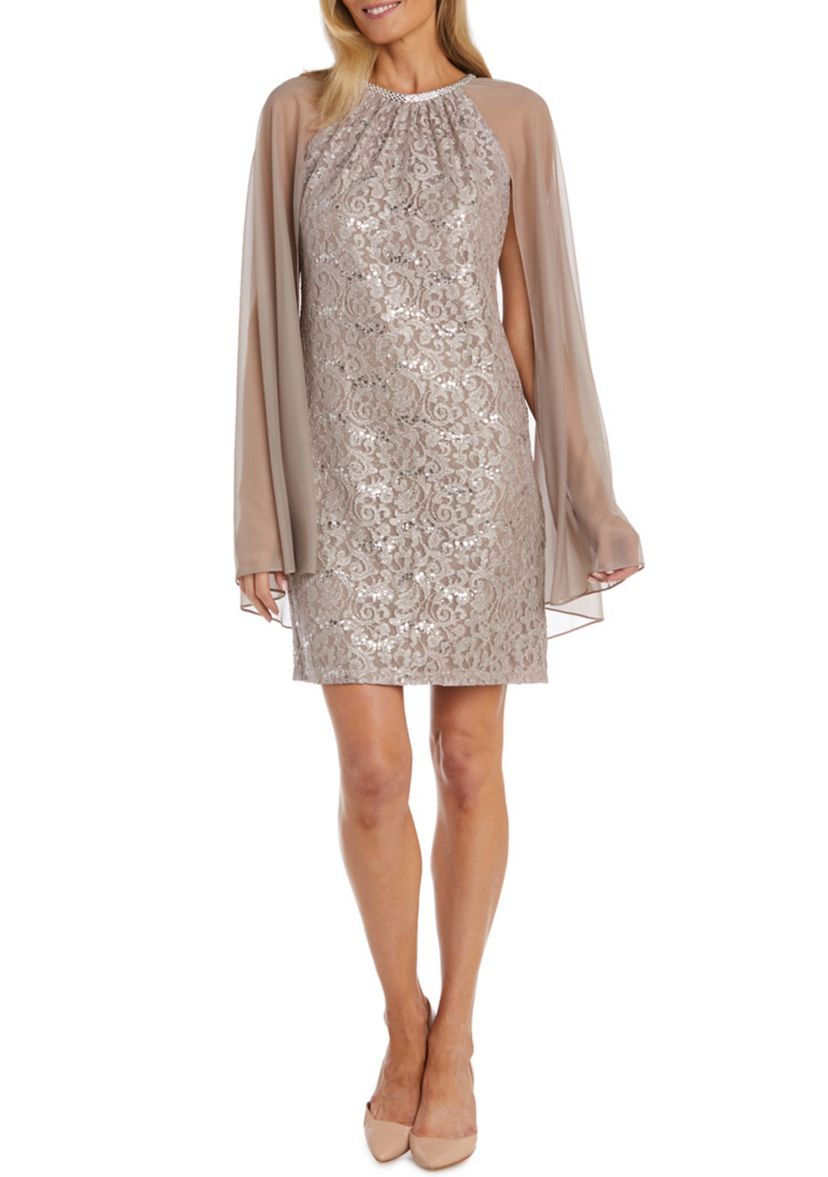 Womens Lace Sheath with Long Chiffon Capelet