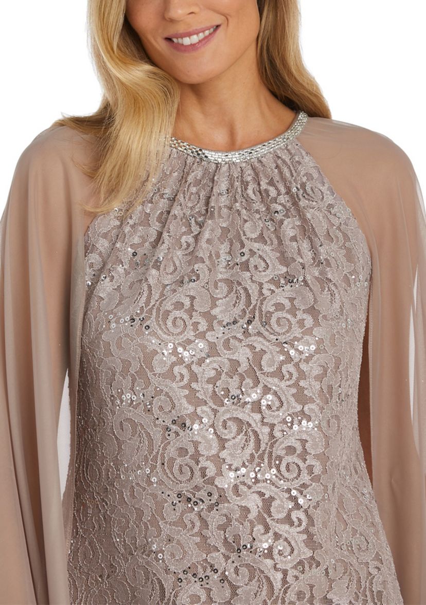 Womens Lace Sheath with Long Chiffon Capelet