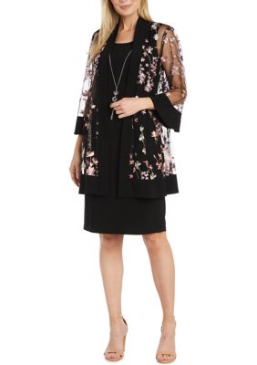 Women's 3/4 Sleeve Embroidered Floral A-Line Jacket Dress