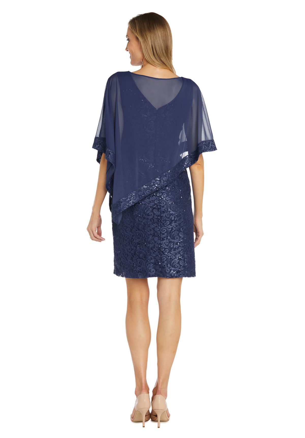 1Pc Short Lace V Neck Dress With Sheer Poncho