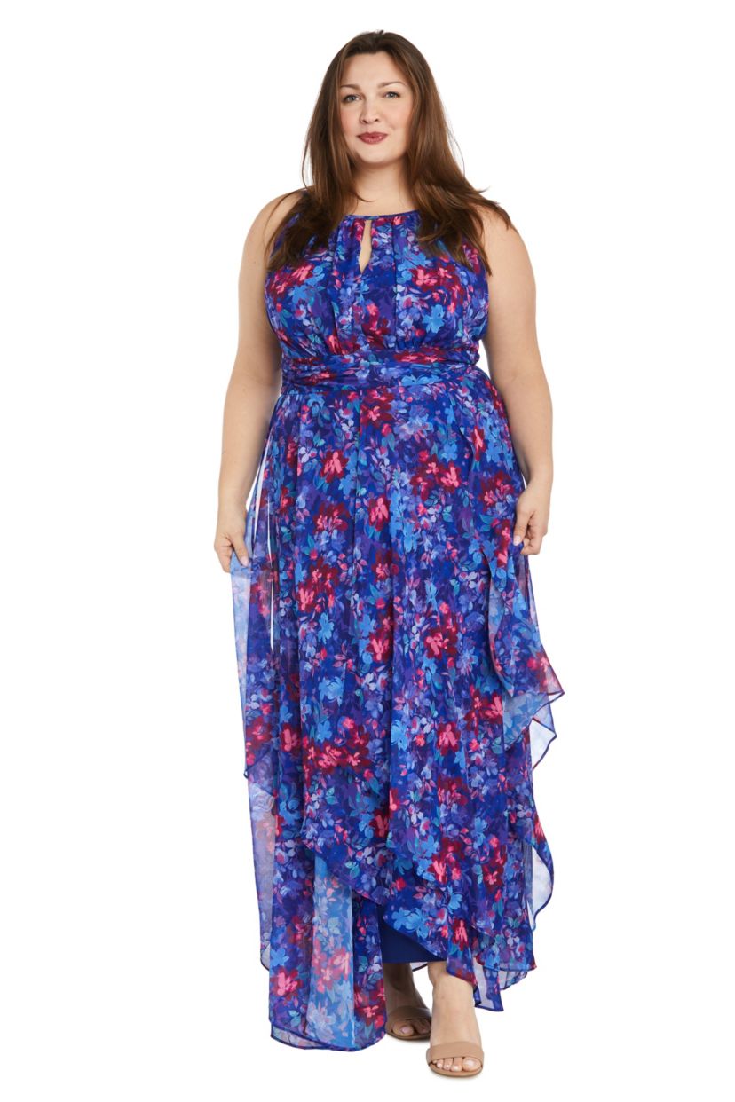 Long Printed Chiffon Halter Dress With Ruffle Cascade Skirt