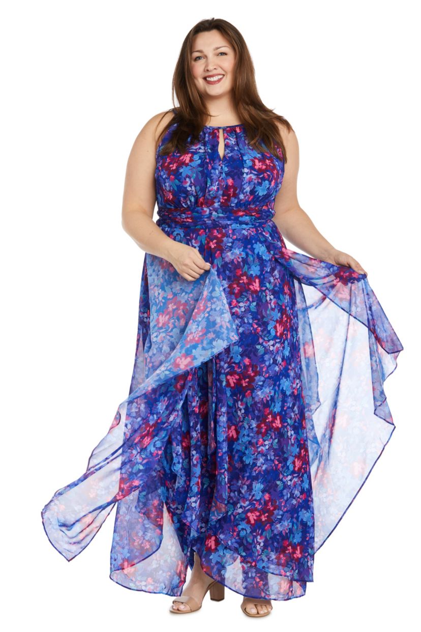 Long Printed Chiffon Halter Dress With Ruffle Cascade Skirt