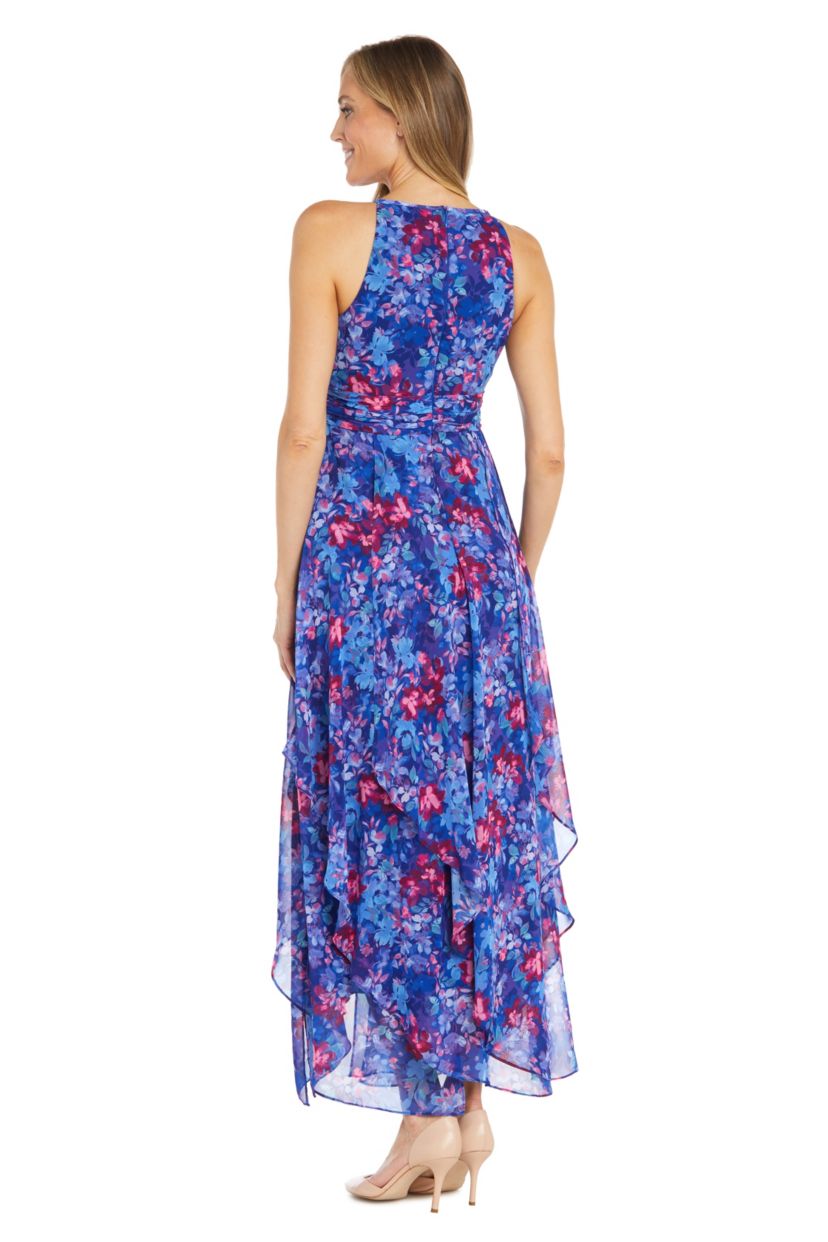 Long Printed Chiffon Halter Dress With Ruffle Cascade Skirt