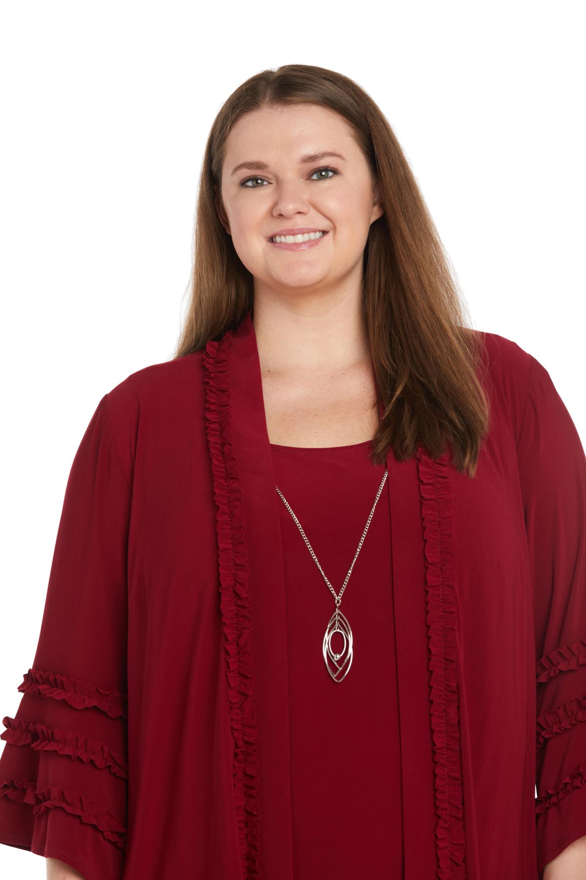 Jacket Dress Featuring Ruffles Along The Jacket And Sleeves With Silver Necklace