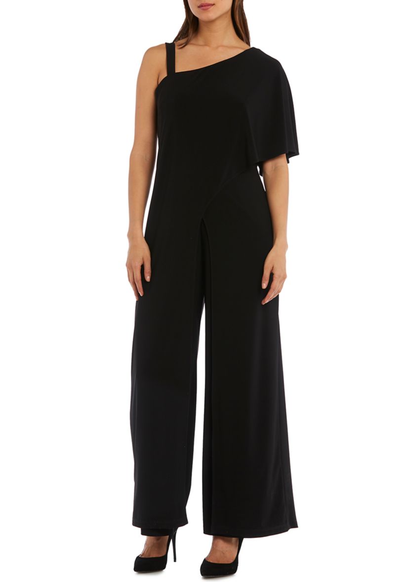 1Pc One Shoulder Drape Panel Jumpsuit With Straps