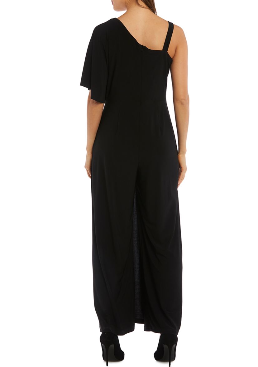 1Pc One Shoulder Drape Panel Jumpsuit With Straps