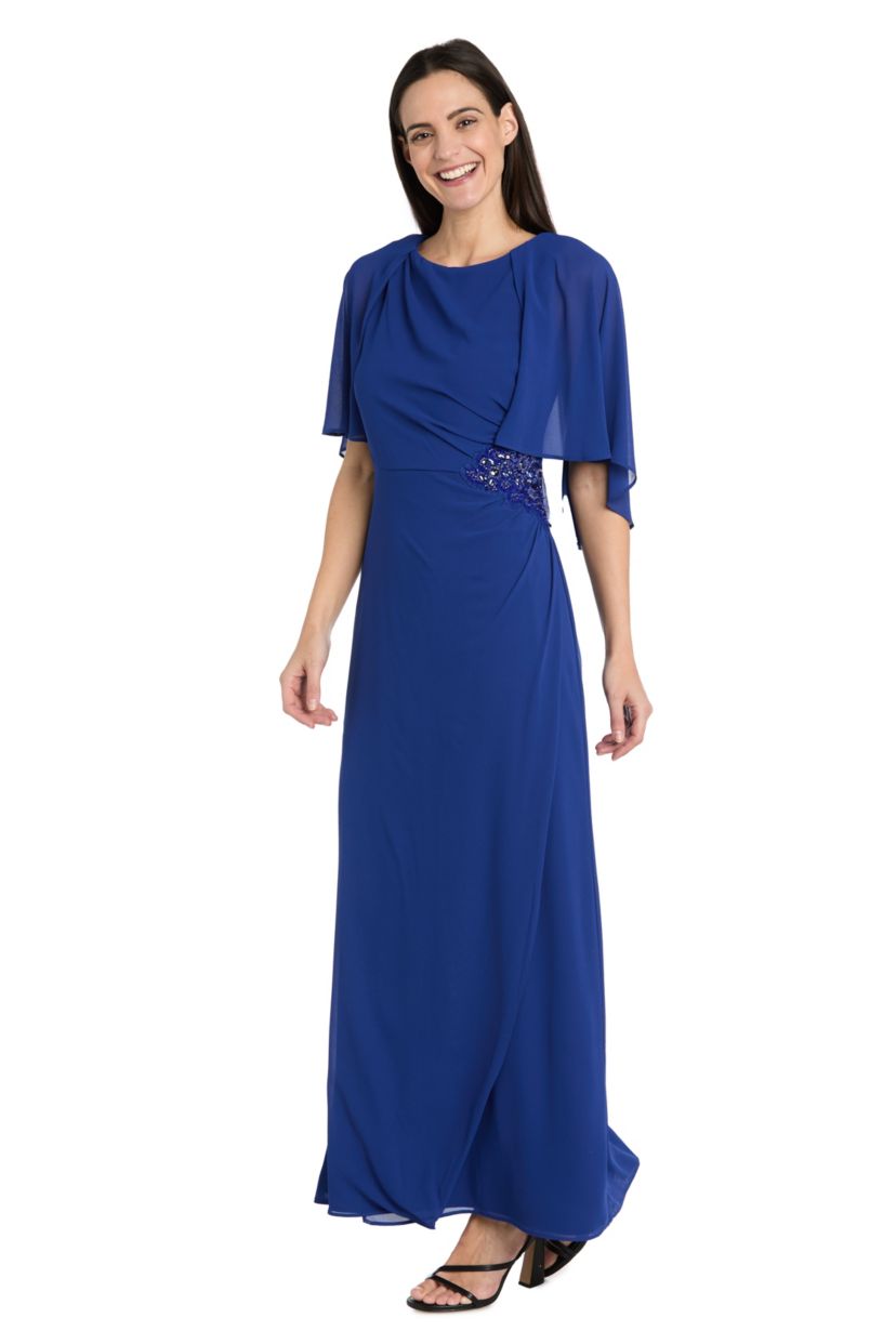 Missy Long Chiffon Dress with Capelet and Flower Detail at Waist