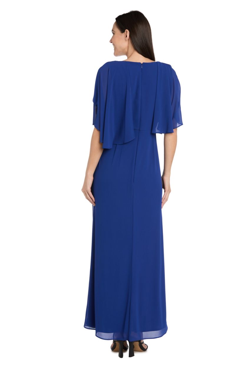 Missy Long Chiffon Dress with Capelet and Flower Detail at Waist