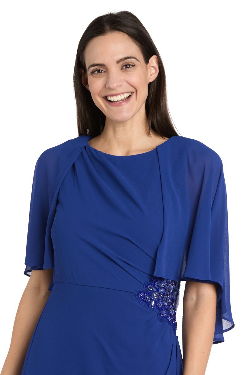 Missy Long Chiffon Dress with Capelet and Flower Detail at Waist